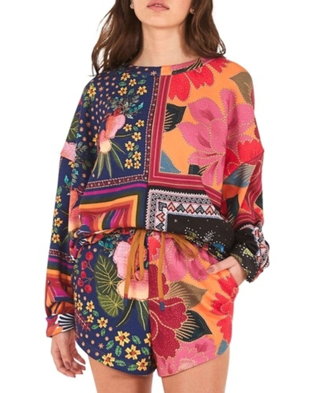 Farm Rio Mix Scarves Multi-Pattern Patchwork Print Sweatshirt Womens M
